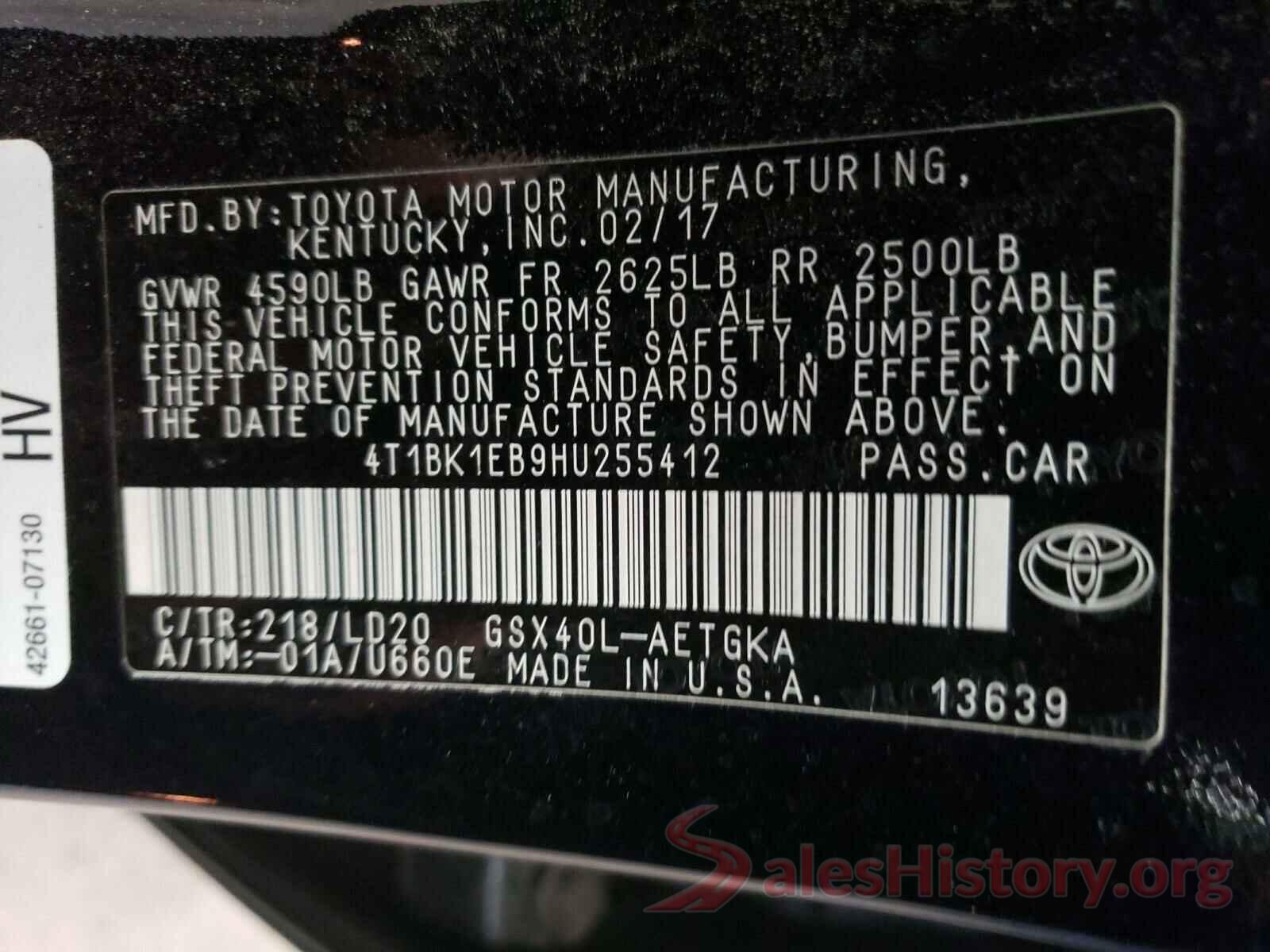 4T1BK1EB9HU255412 2017 TOYOTA AVALON