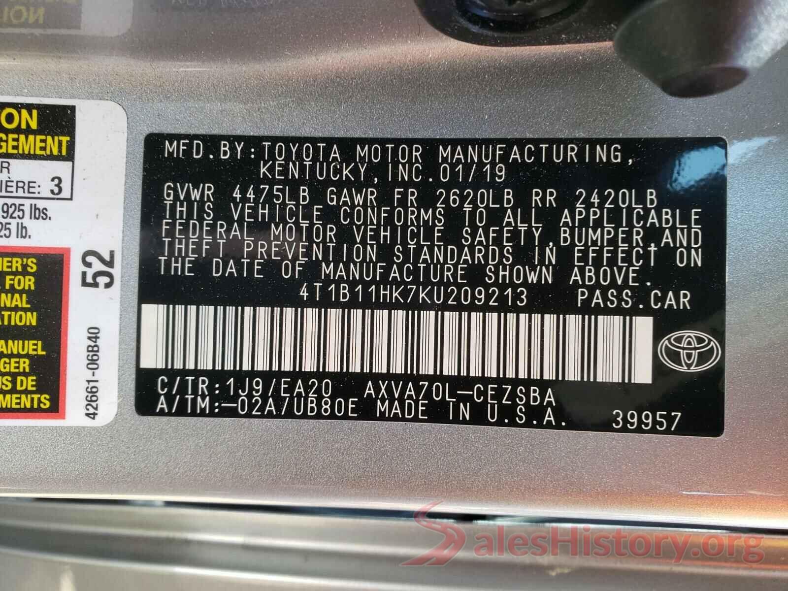 4T1B11HK7KU209213 2019 TOYOTA CAMRY