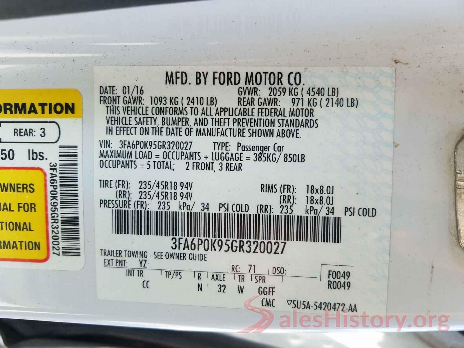 3FA6P0K95GR320027 2016 FORD FUSION