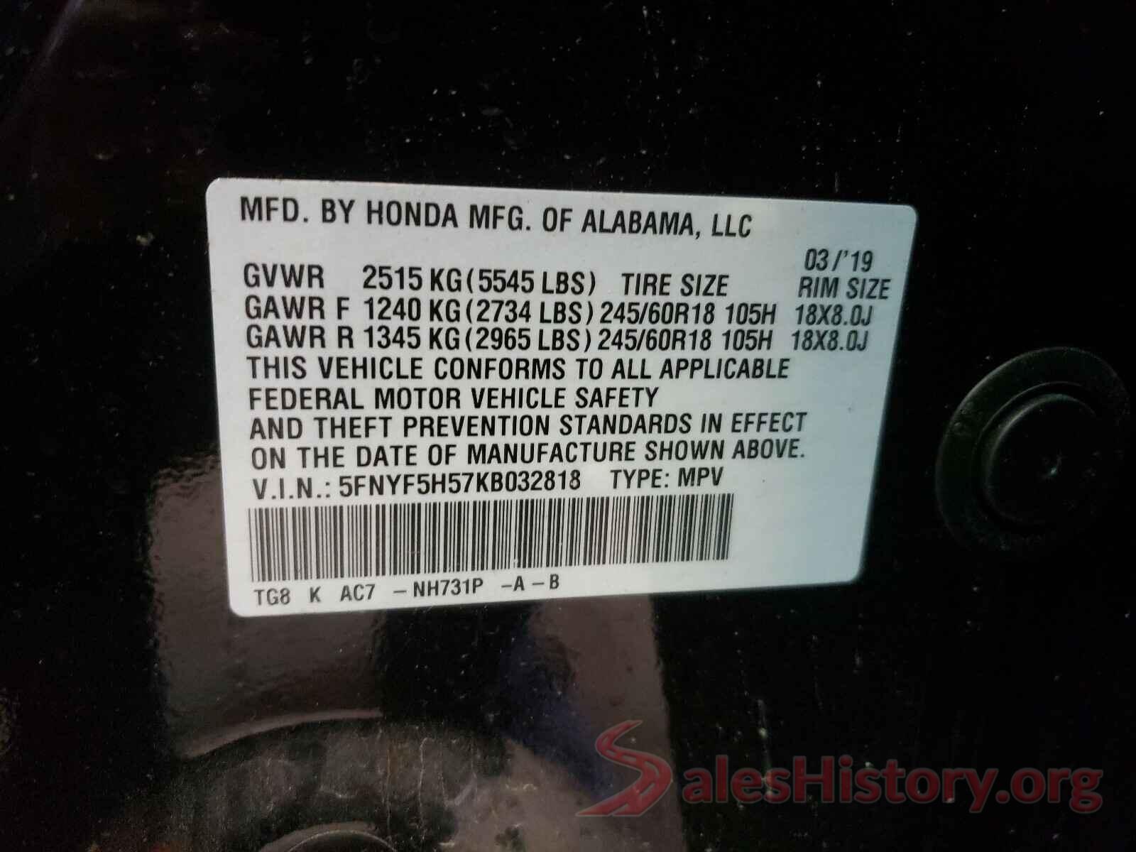 5FNYF5H57KB032818 2019 HONDA PILOT