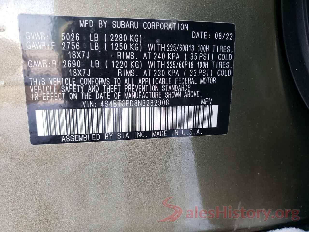 4S4BTGPD8N3282908 2022 SUBARU OUTBACK