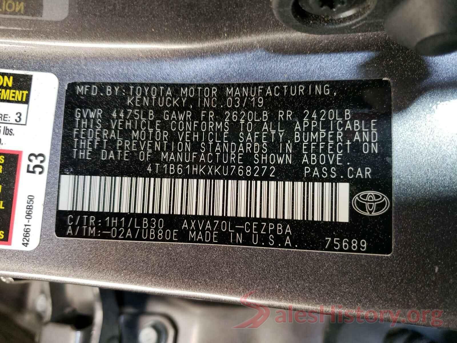 4T1B61HKXKU768272 2019 TOYOTA CAMRY