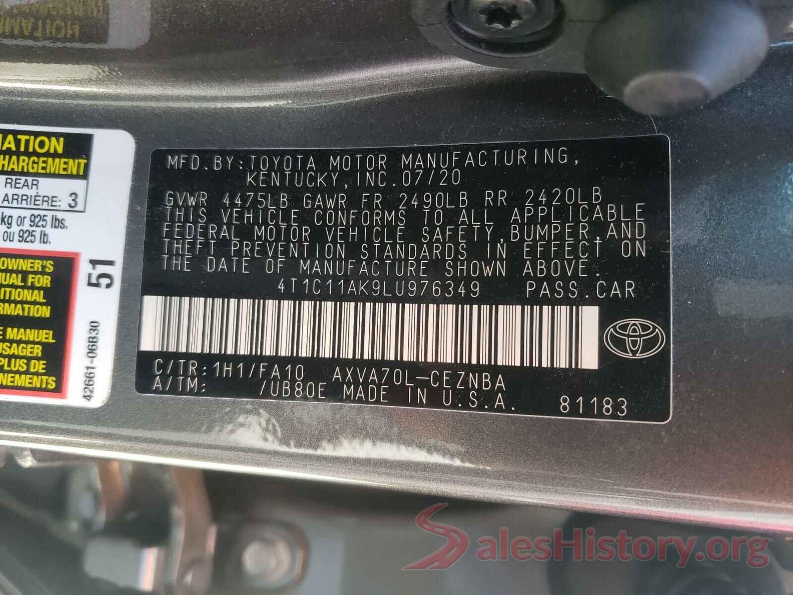 4T1C11AK9LU976349 2020 TOYOTA CAMRY