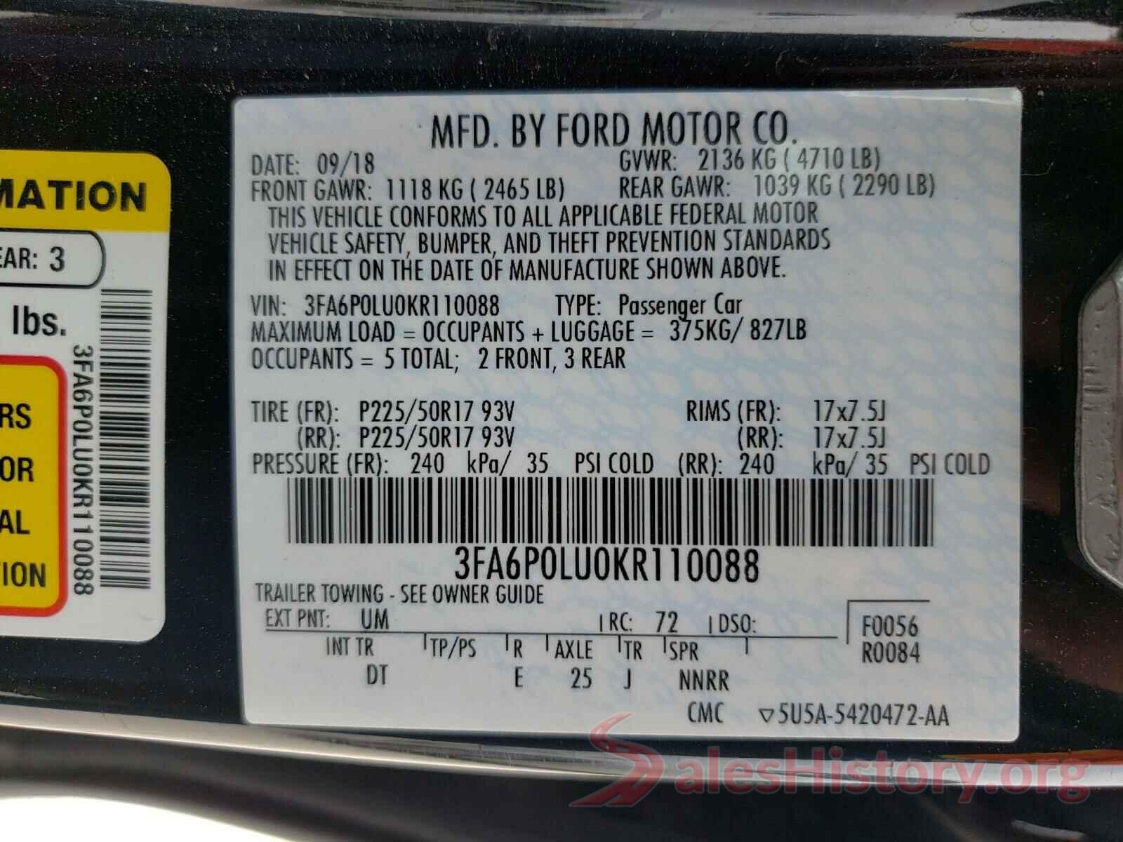 3FA6P0LU0KR110088 2019 FORD FUSION