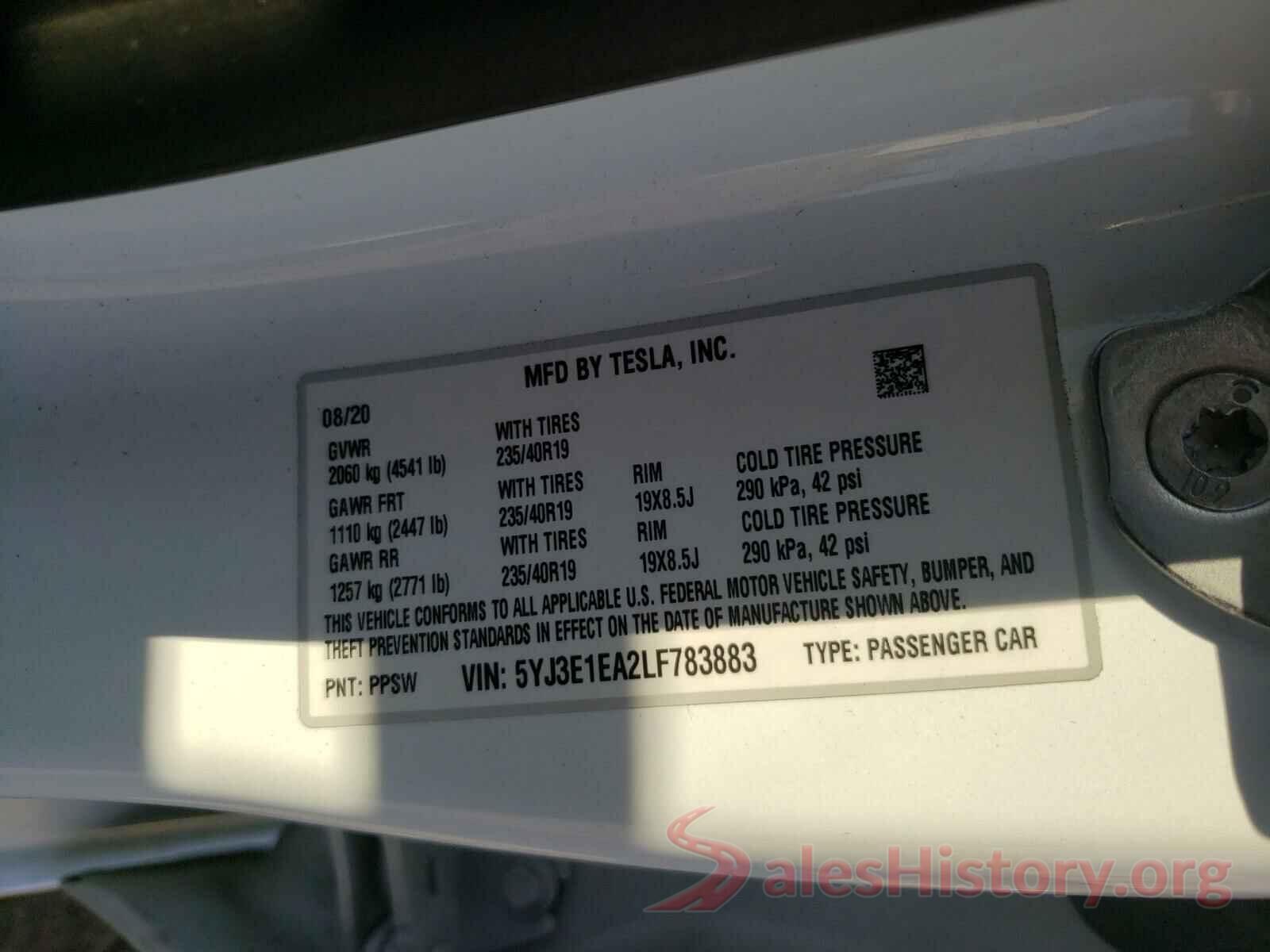 5YJ3E1EA2LF783883 2020 TESLA MODEL 3