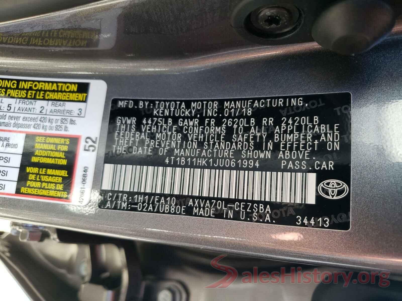 4T1B11HK1JU061994 2018 TOYOTA CAMRY