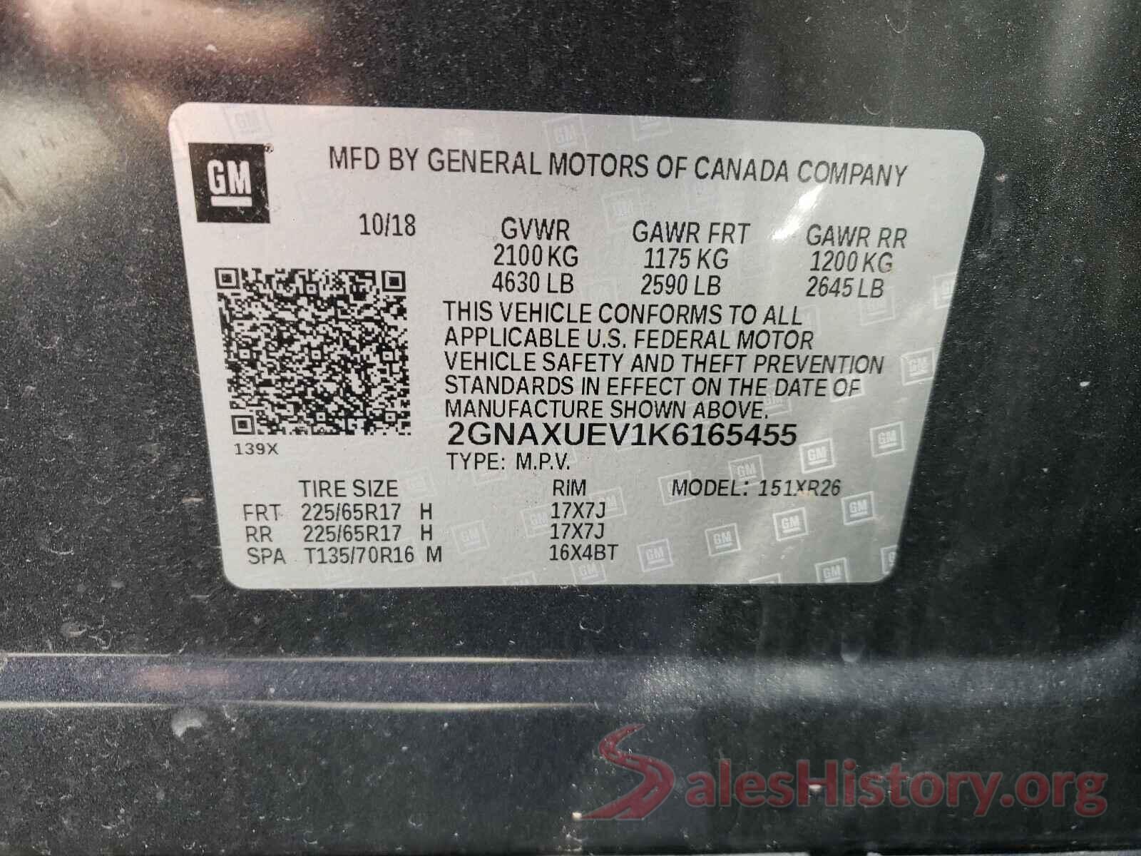 2GNAXUEV1K6165455 2019 CHEVROLET EQUINOX