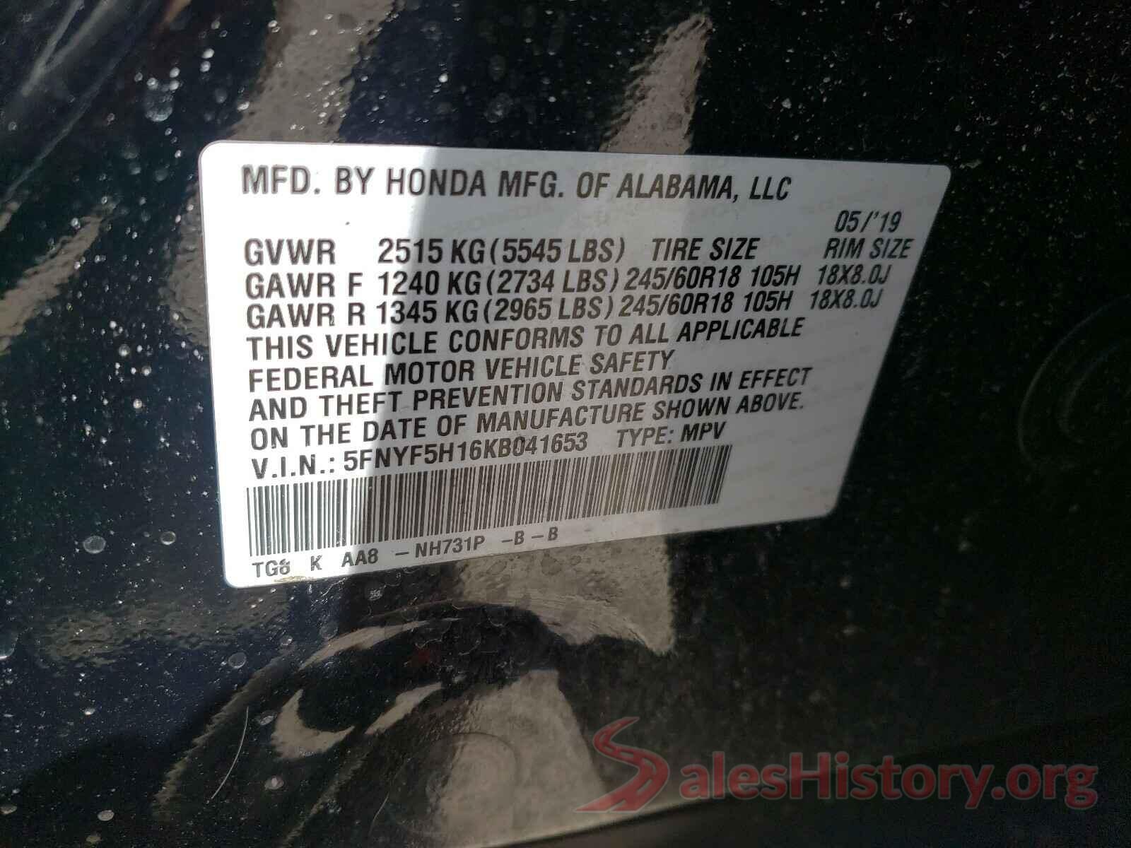 5FNYF5H16KB041653 2019 HONDA PILOT