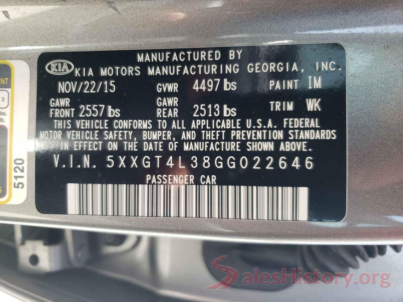 5XXGT4L38GG022646 2016 KIA OPTIMA