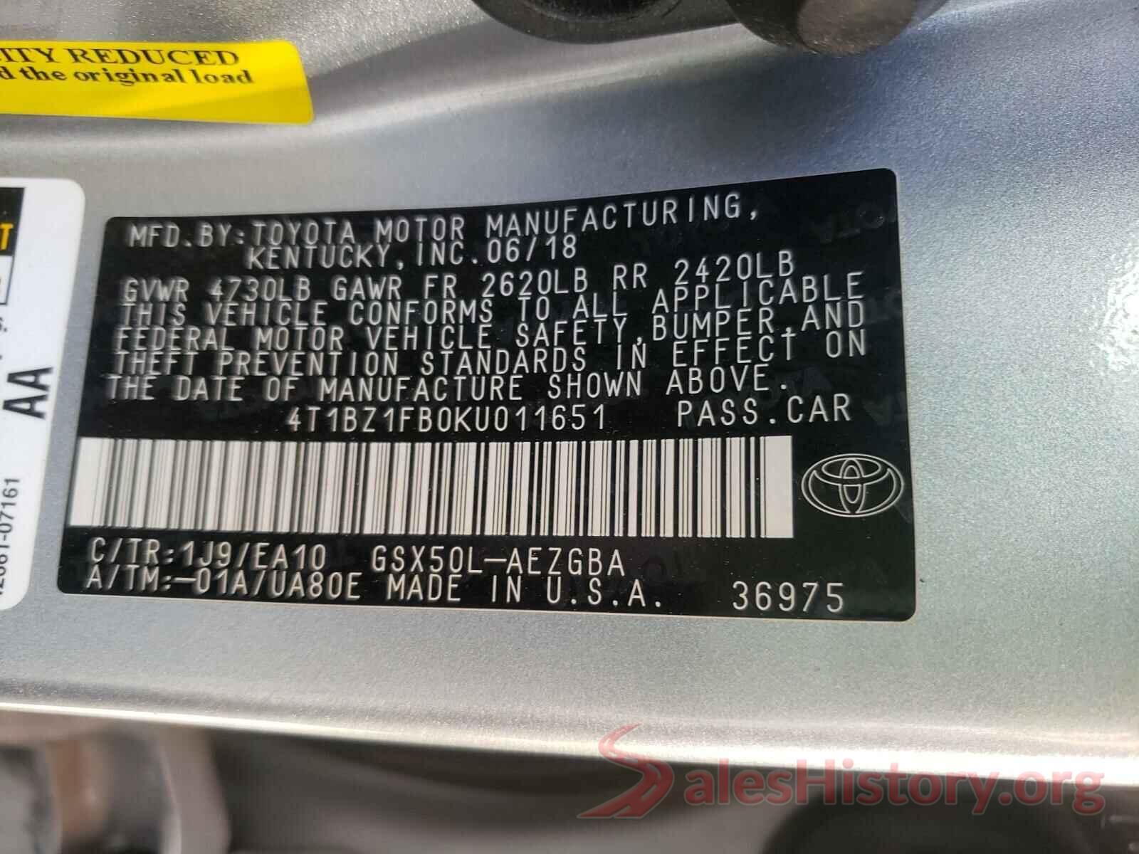 4T1BZ1FB0KU011651 2019 TOYOTA AVALON