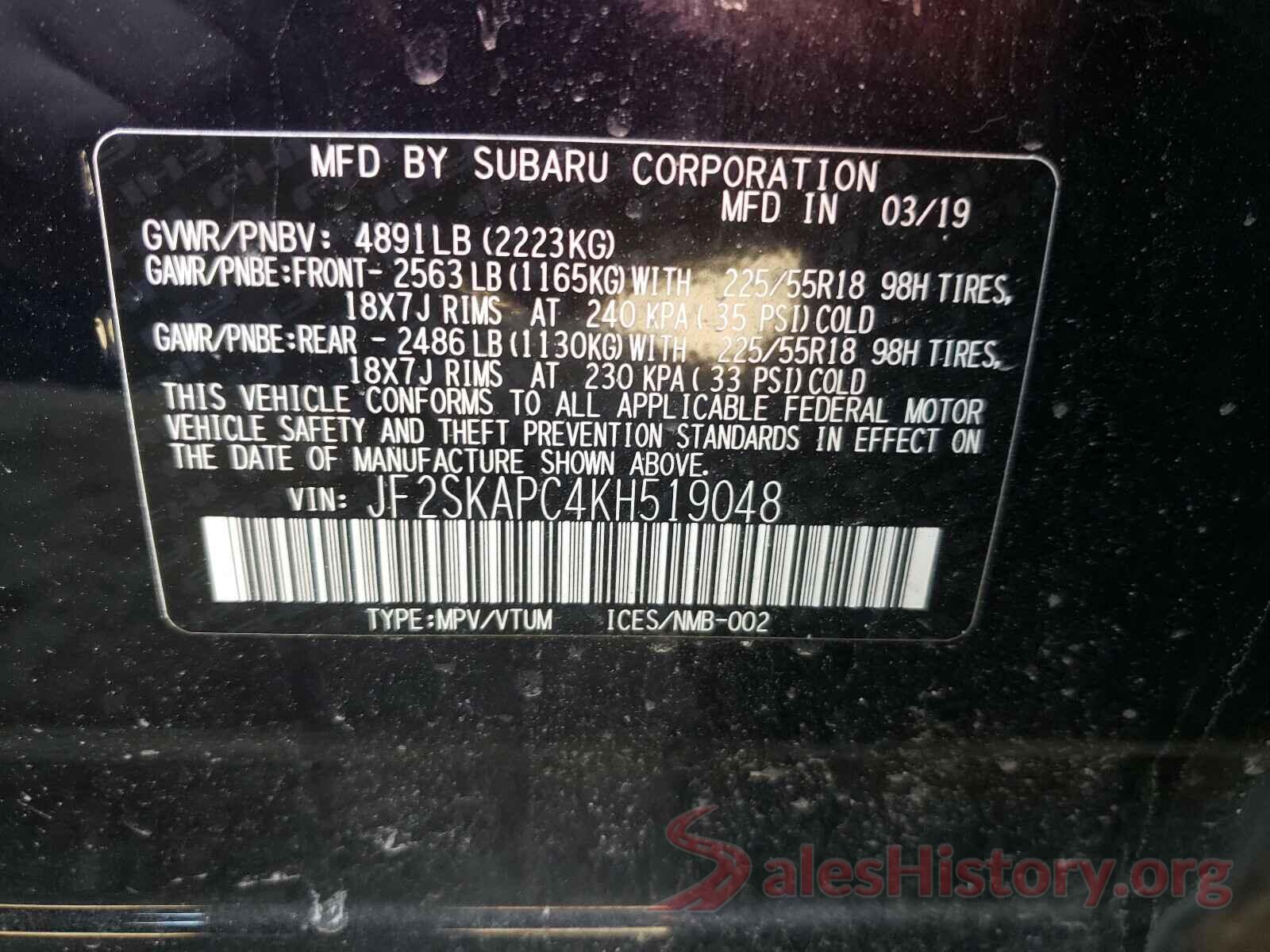 JF2SKAPC4KH519048 2019 SUBARU FORESTER