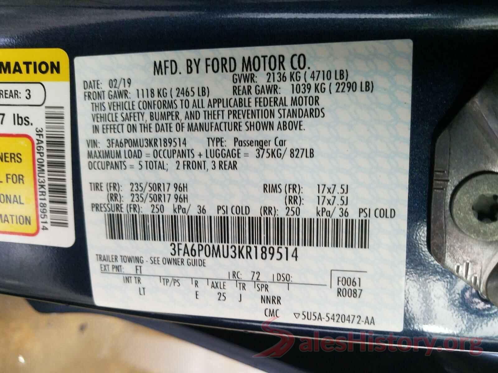 3FA6P0MU3KR189514 2019 FORD FUSION