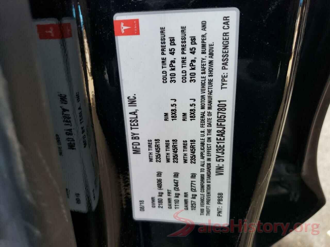 5YJ3E1EA8JF057801 2018 TESLA MODEL 3