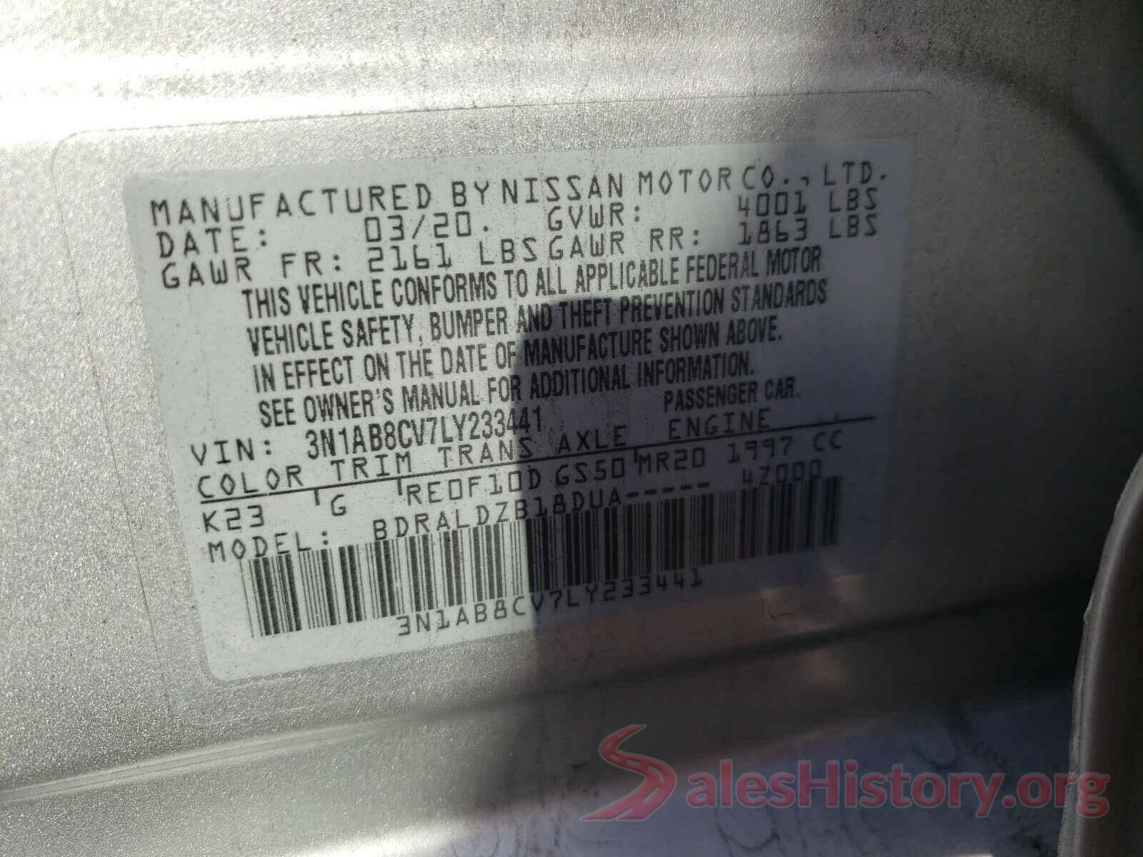 3N1AB8CV7LY233441 2020 NISSAN SENTRA