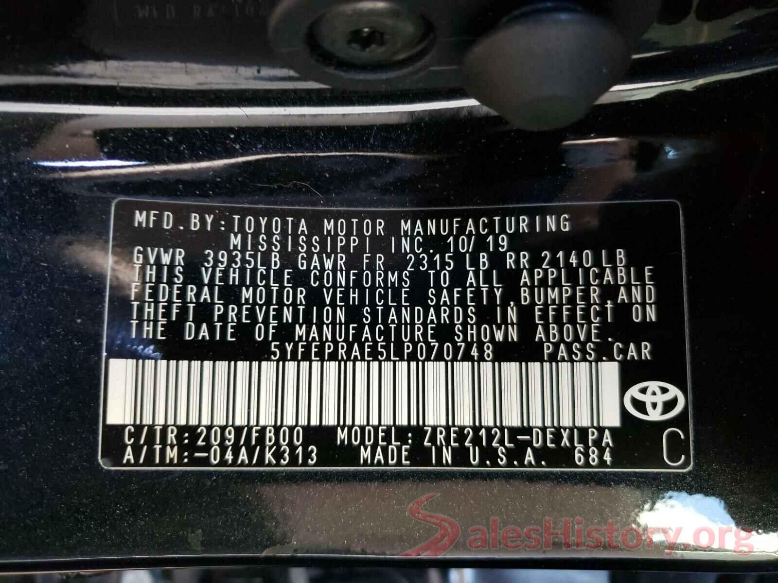 5YFEPRAE5LP070748 2020 TOYOTA COROLLA