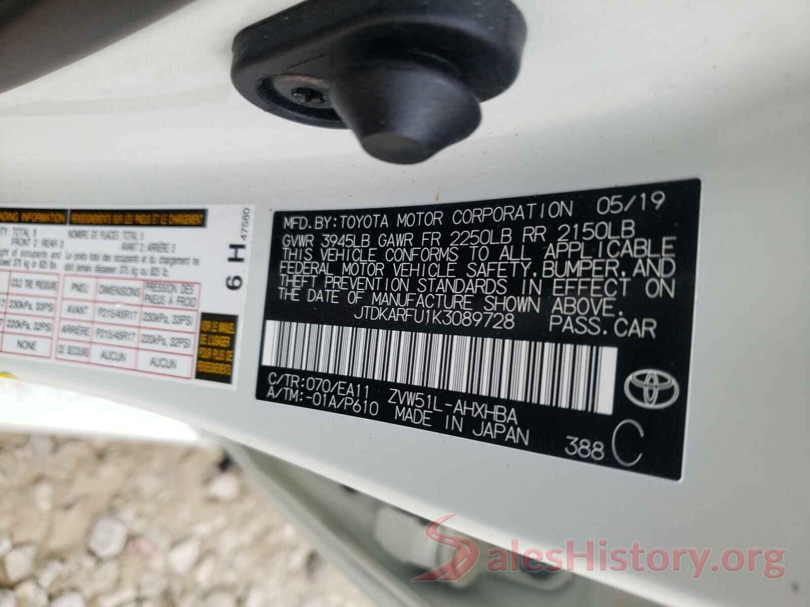 JTDKARFU1K3089728 2019 TOYOTA PRIUS