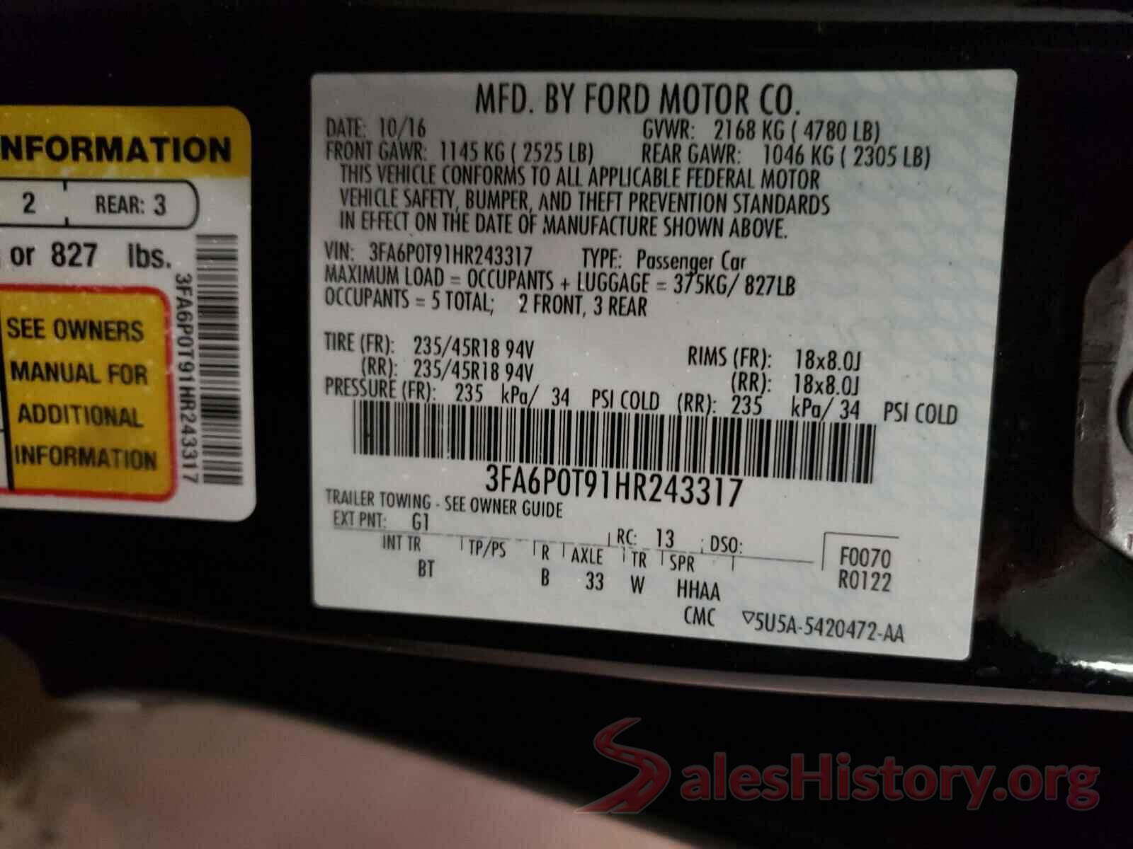 3FA6P0T91HR243317 2017 FORD FUSION