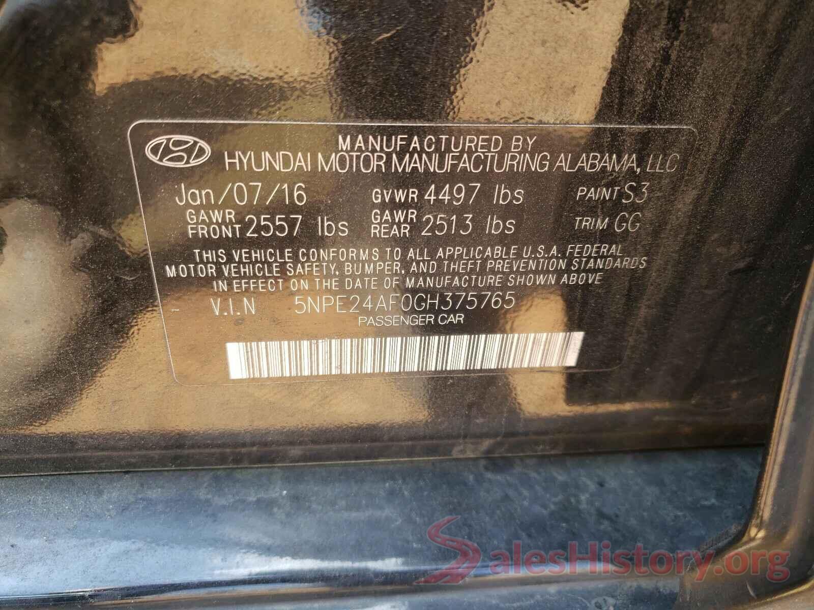 5NPE24AF0GH375765 2016 HYUNDAI SONATA