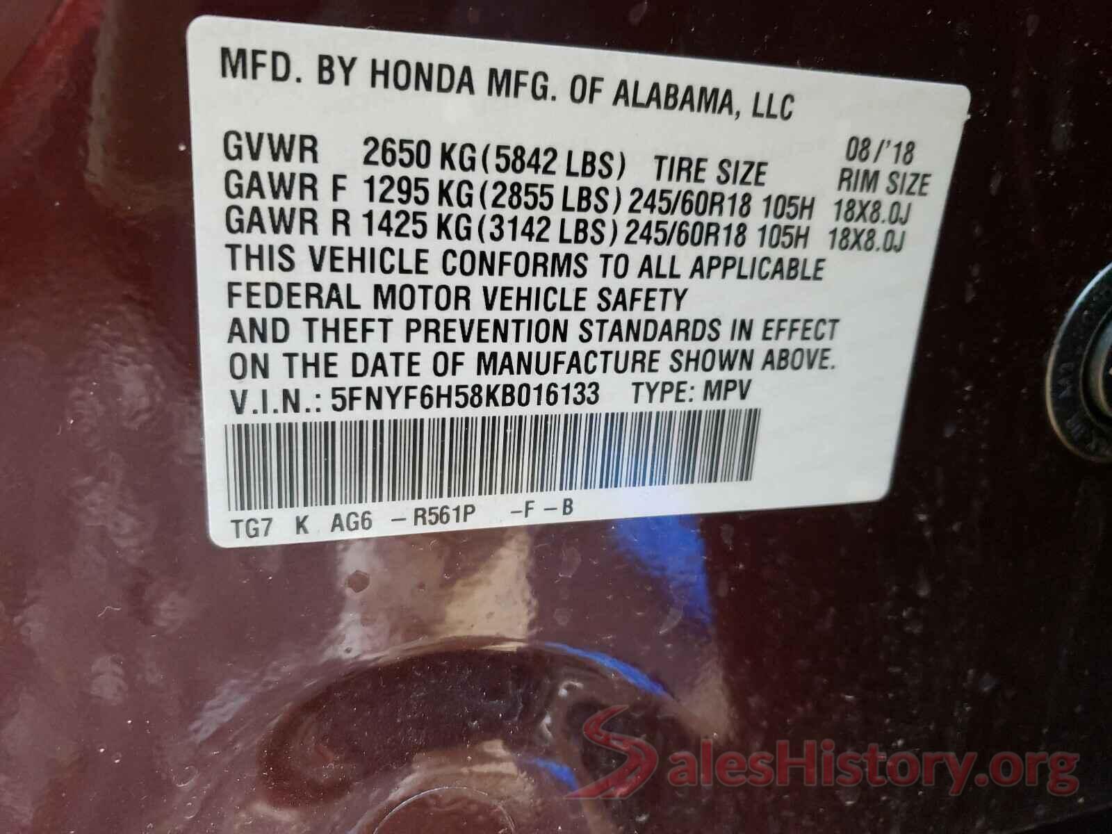 5FNYF6H58KB016133 2019 HONDA PILOT