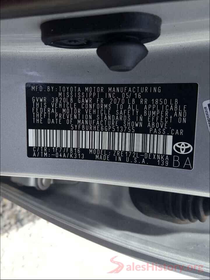 5YFBURHE6GP513755 2016 TOYOTA COROLLA