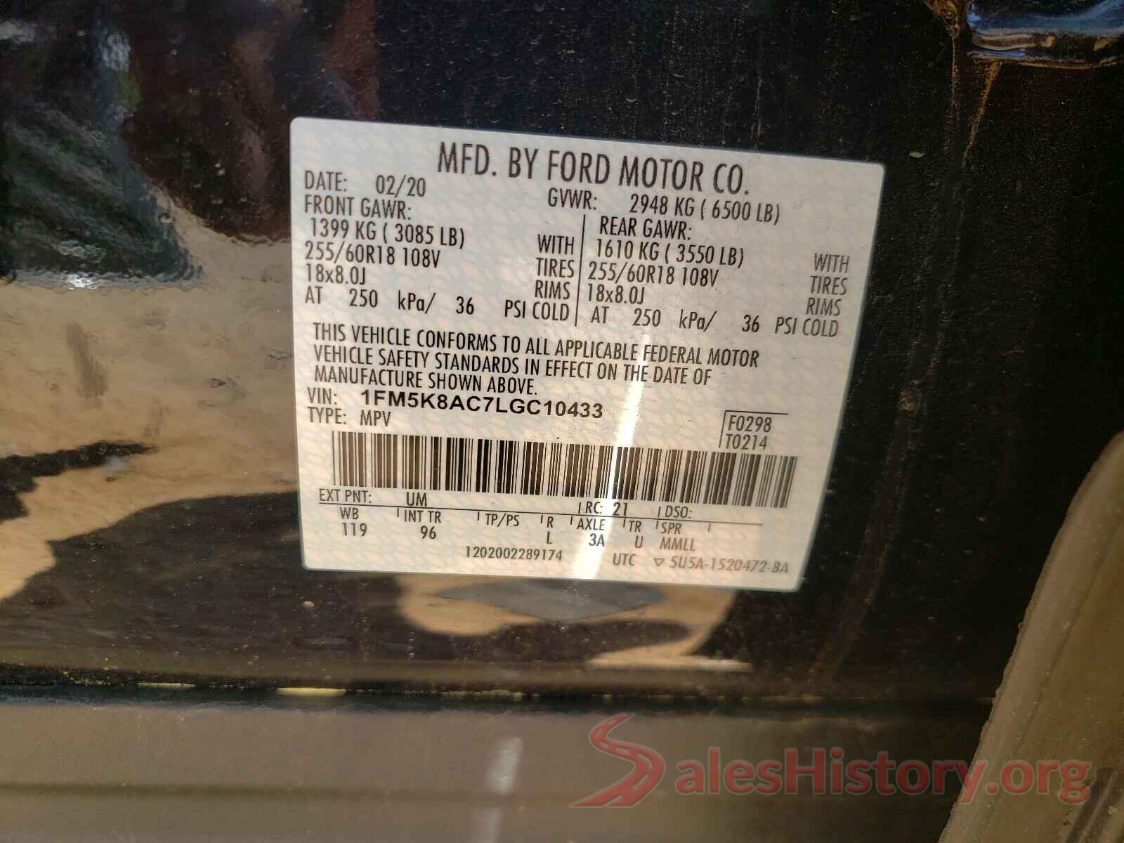 1FM5K8AC7LGC10433 2020 FORD EXPLORER