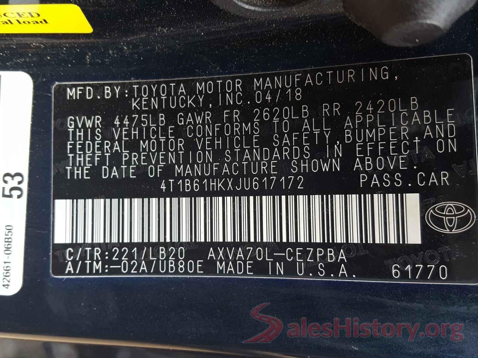 4T1B61HKXJU617172 2018 TOYOTA CAMRY