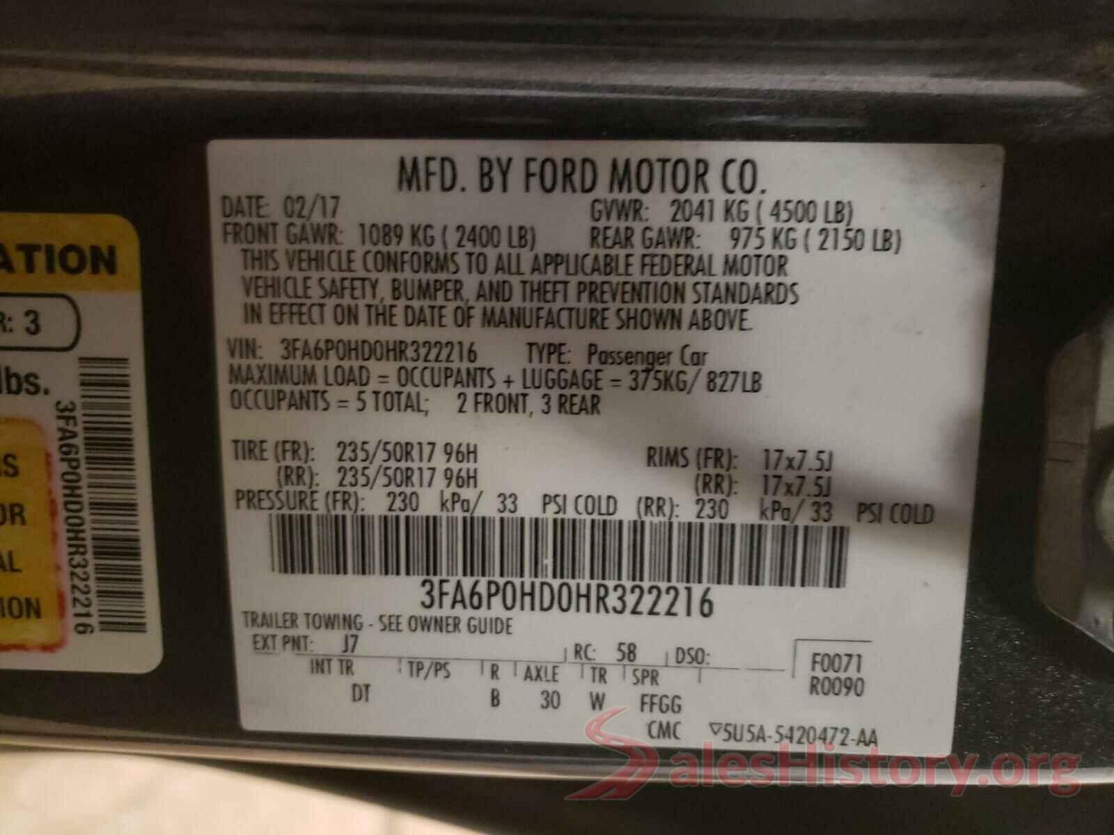 3FA6P0HD0HR322216 2017 FORD FUSION