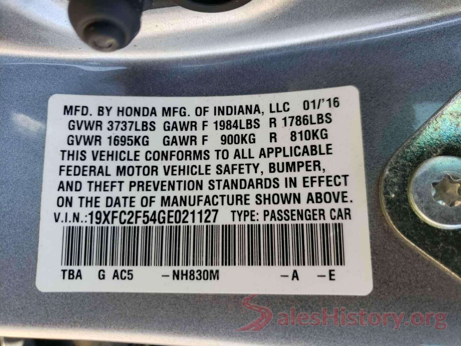 19XFC2F54GE021127 2016 HONDA CIVIC