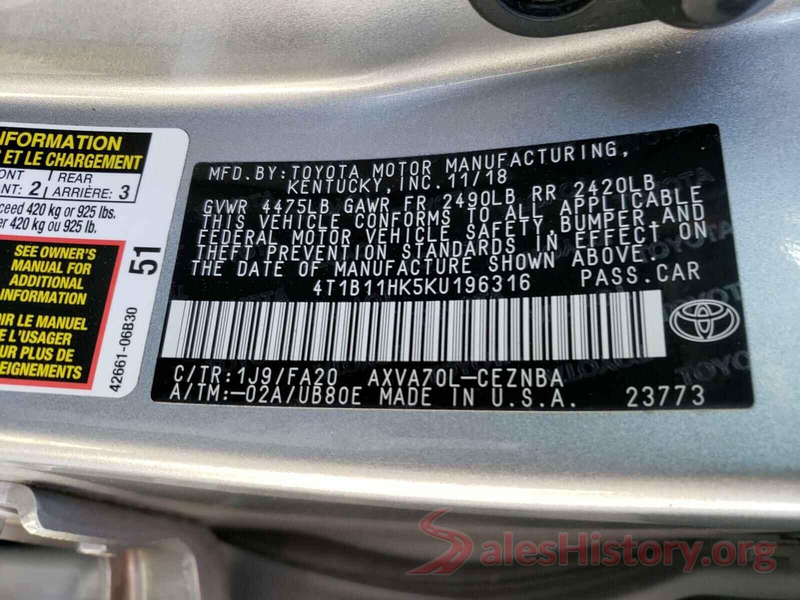 4T1B11HK5KU196316 2019 TOYOTA CAMRY