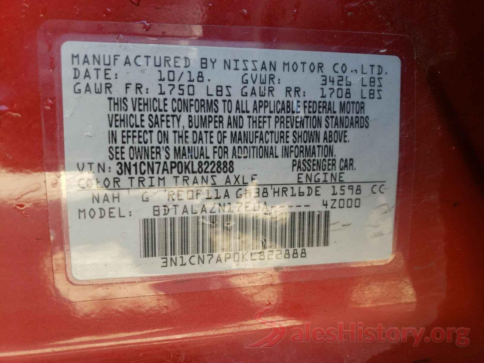 3N1CN7AP0KL822888 2019 NISSAN VERSA