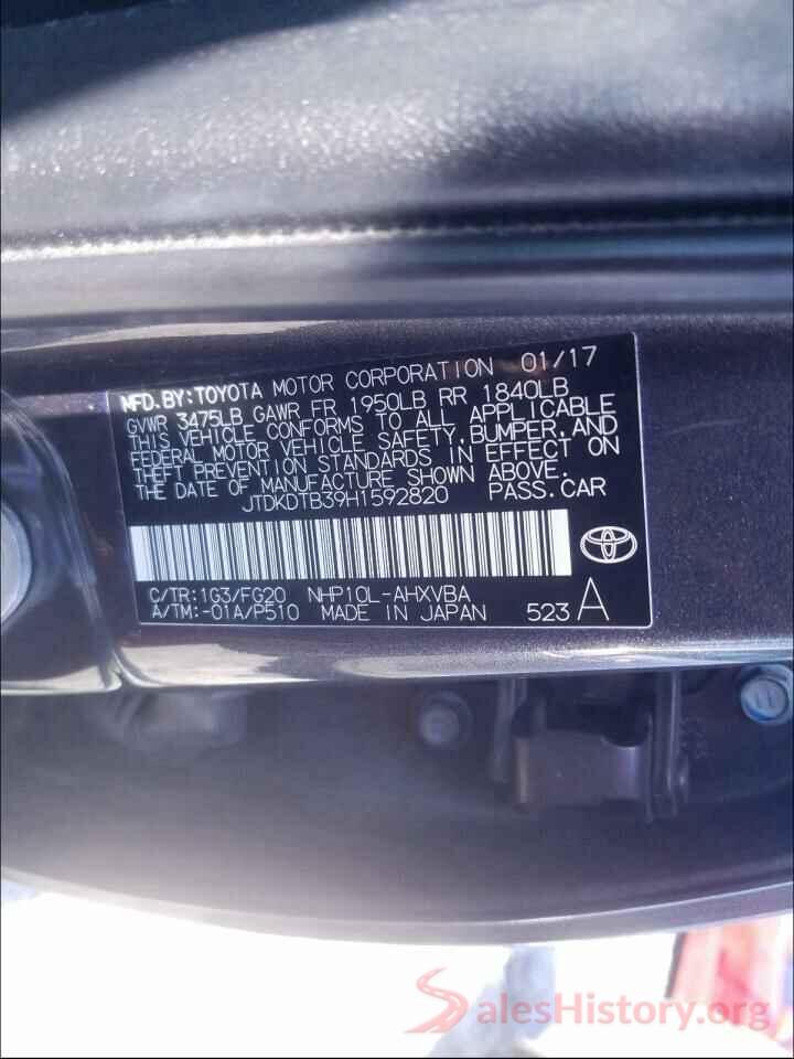 JTDKDTB39H1592820 2017 TOYOTA PRIUS