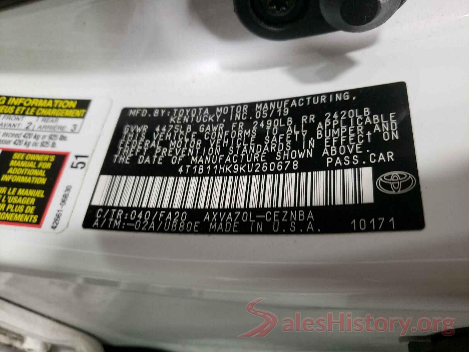 4T1B11HK9KU260678 2019 TOYOTA CAMRY