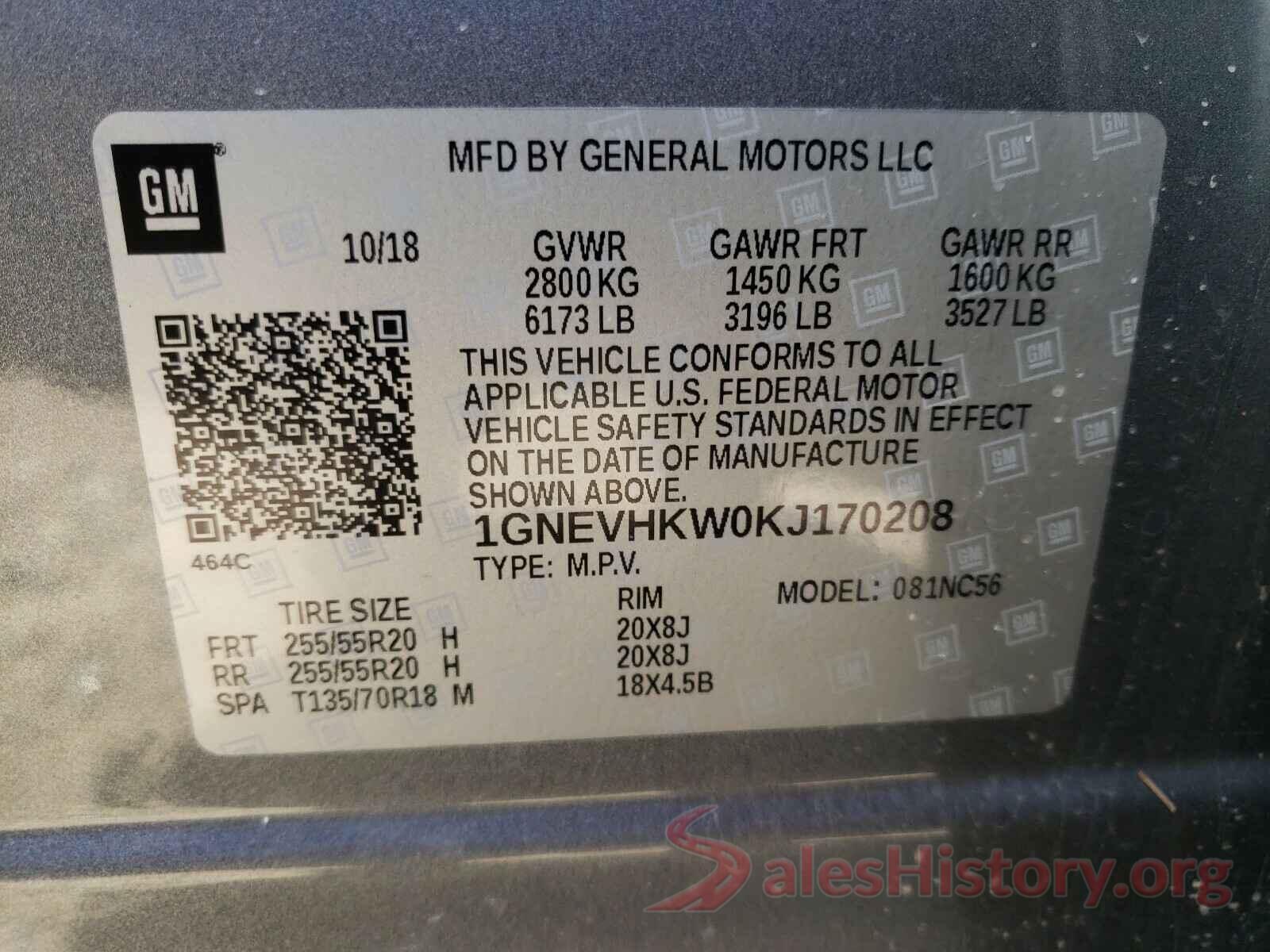 1GNEVHKW0KJ170208 2019 CHEVROLET TRAVERSE