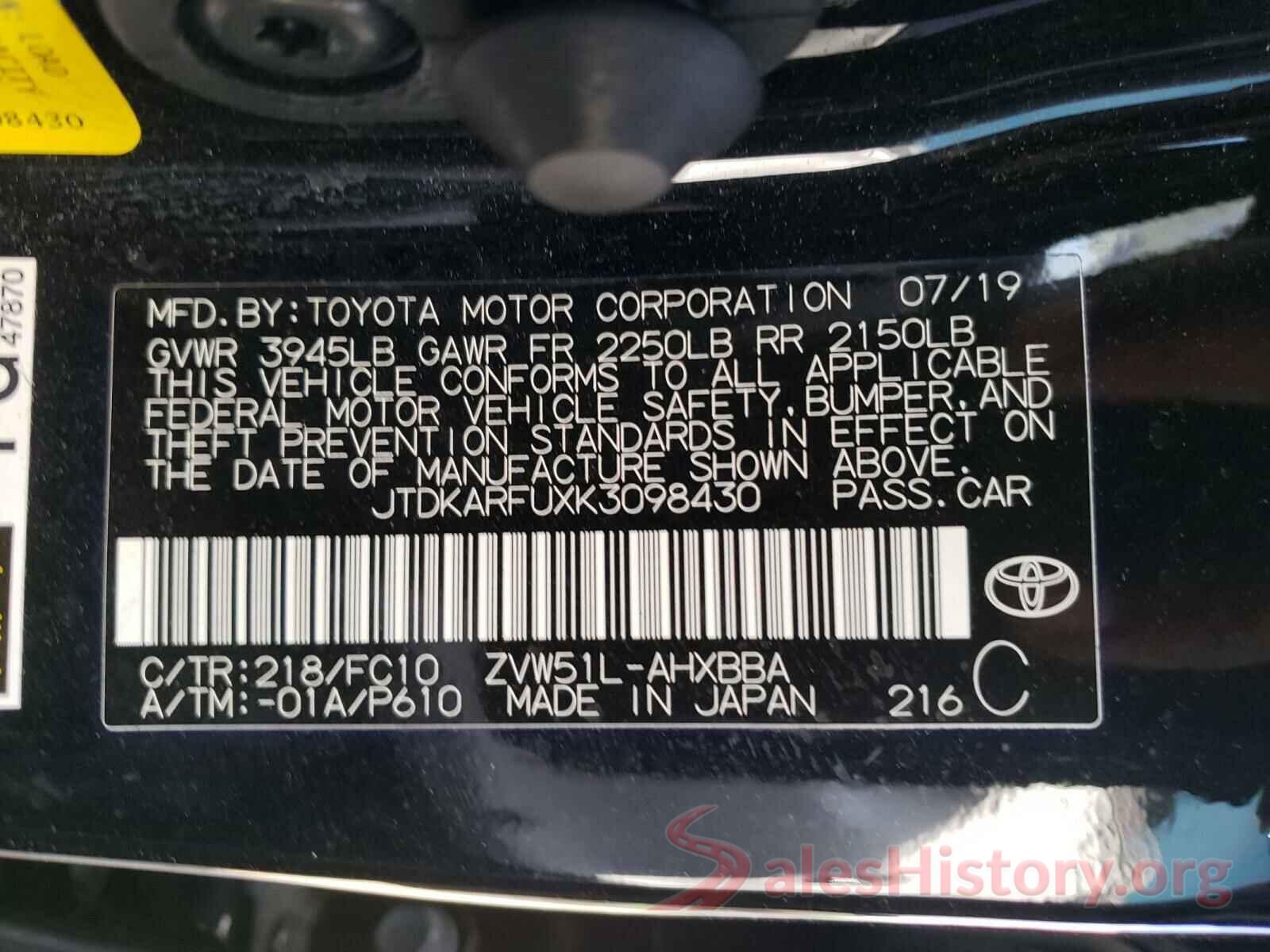 JTDKARFUXK3098430 2019 TOYOTA PRIUS