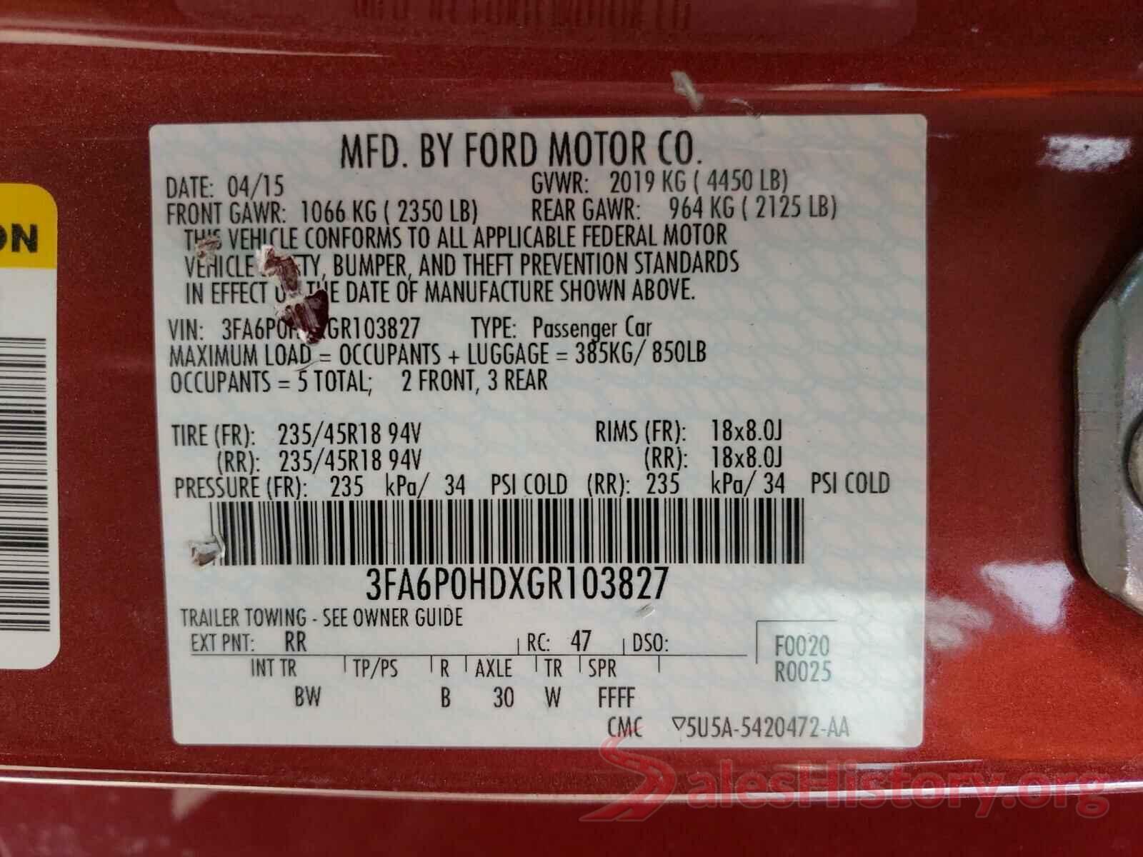 3FA6P0HDXGR103827 2016 FORD FUSION