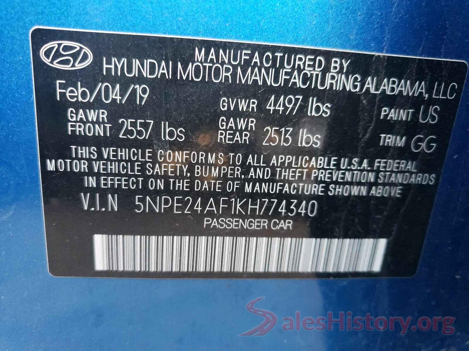 5NPE24AF1KH774340 2019 HYUNDAI SONATA