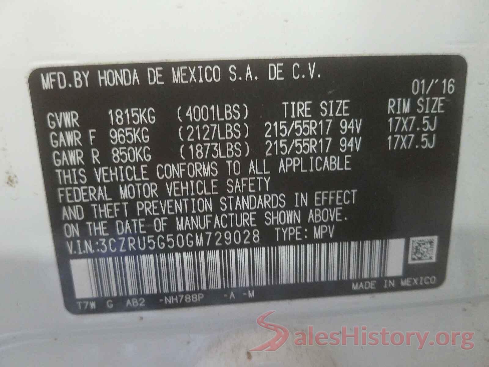 3CZRU5G50GM729028 2016 HONDA HR-V