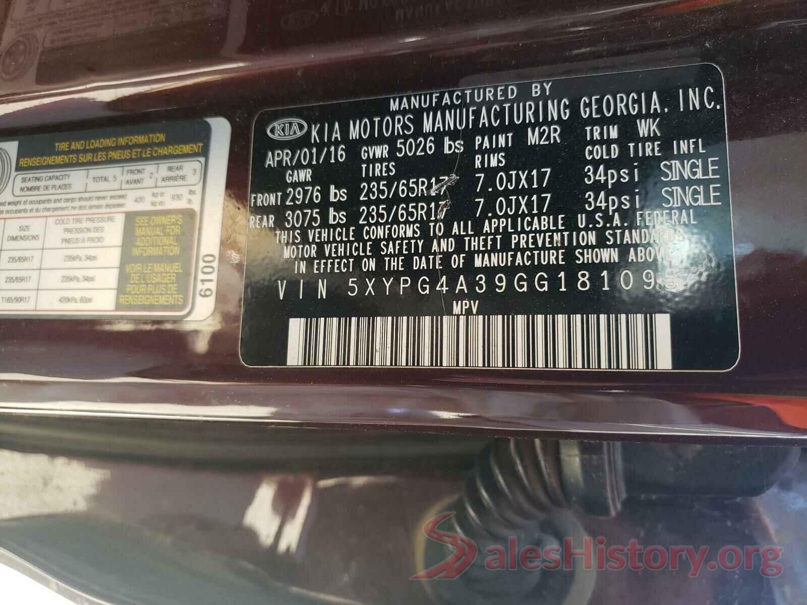 5XYPG4A39GG181095 2016 KIA SORENTO