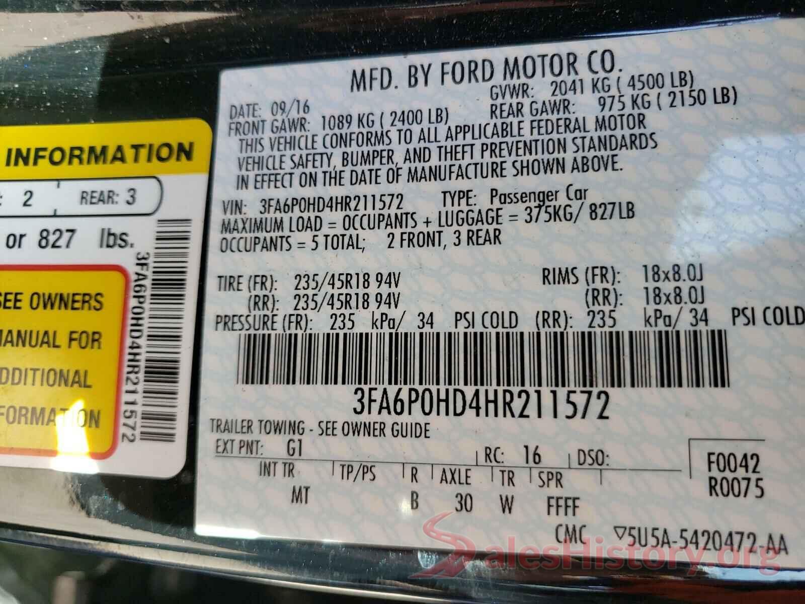 3FA6P0HD4HR211572 2017 FORD FUSION