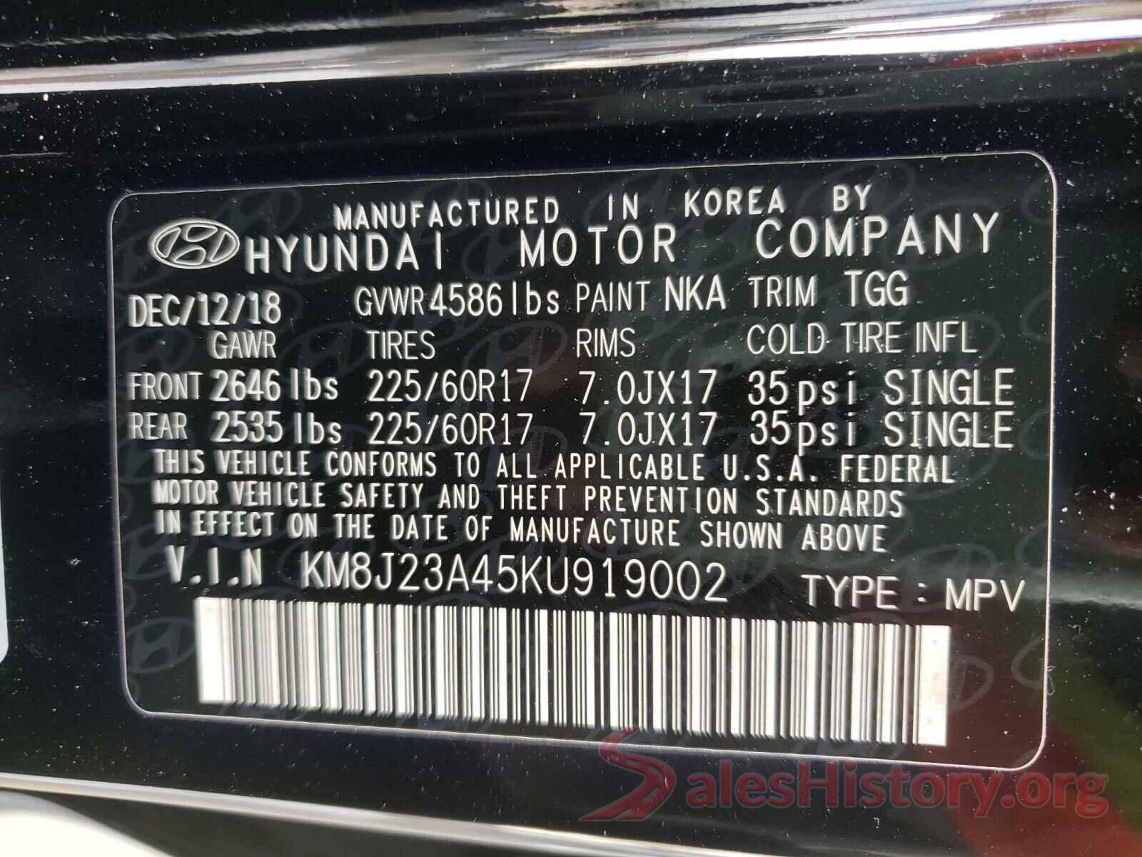 KM8J23A45KU919002 2019 HYUNDAI TUCSON