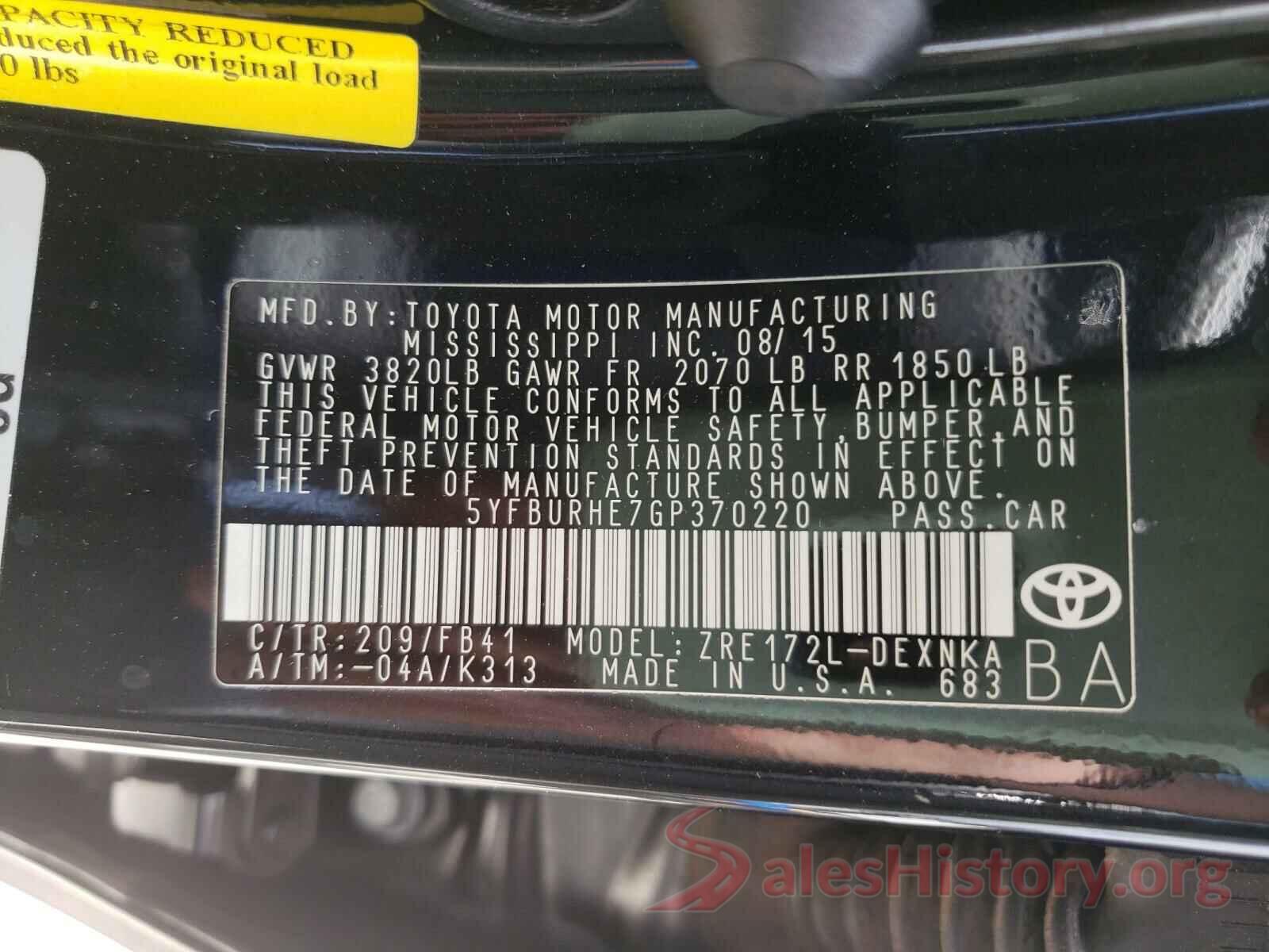 5YFBURHE7GP370220 2016 TOYOTA COROLLA