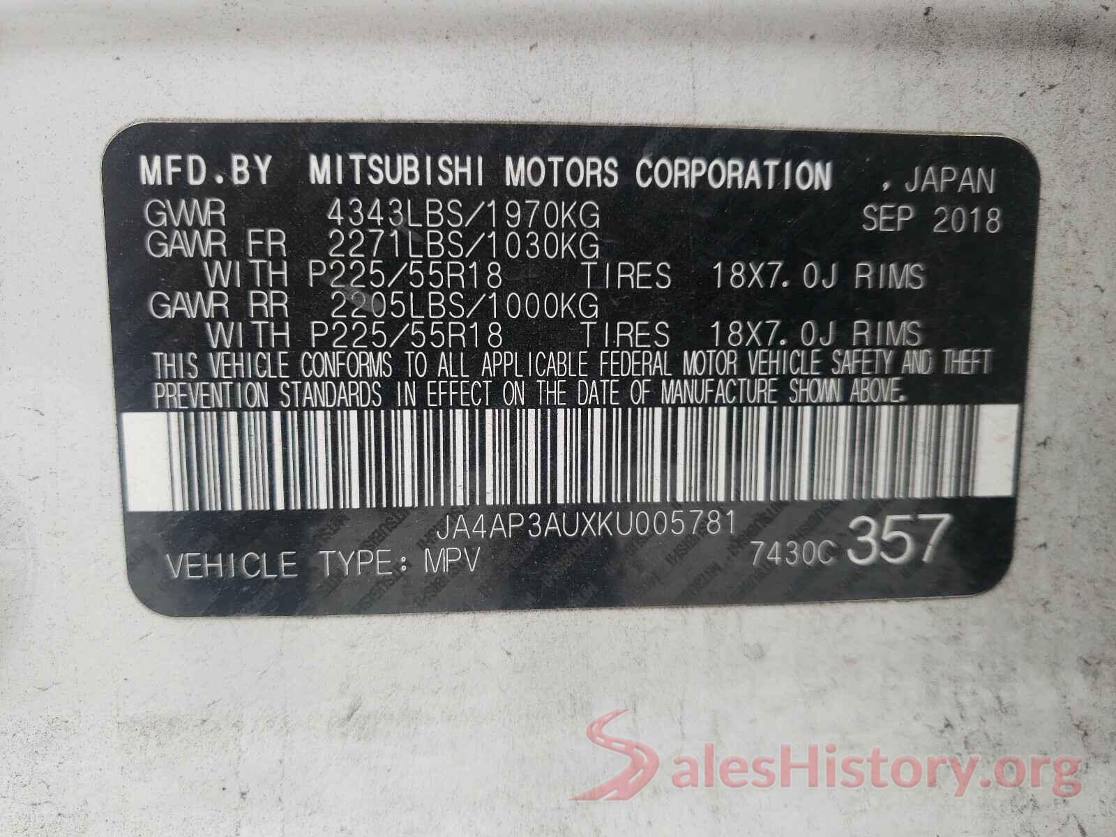 JA4AP3AUXKU005781 2019 MITSUBISHI OUTLANDER