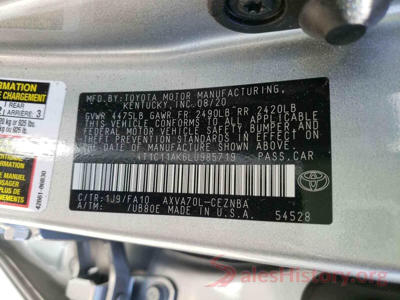 4T1C11AK6LU985719 2020 TOYOTA CAMRY