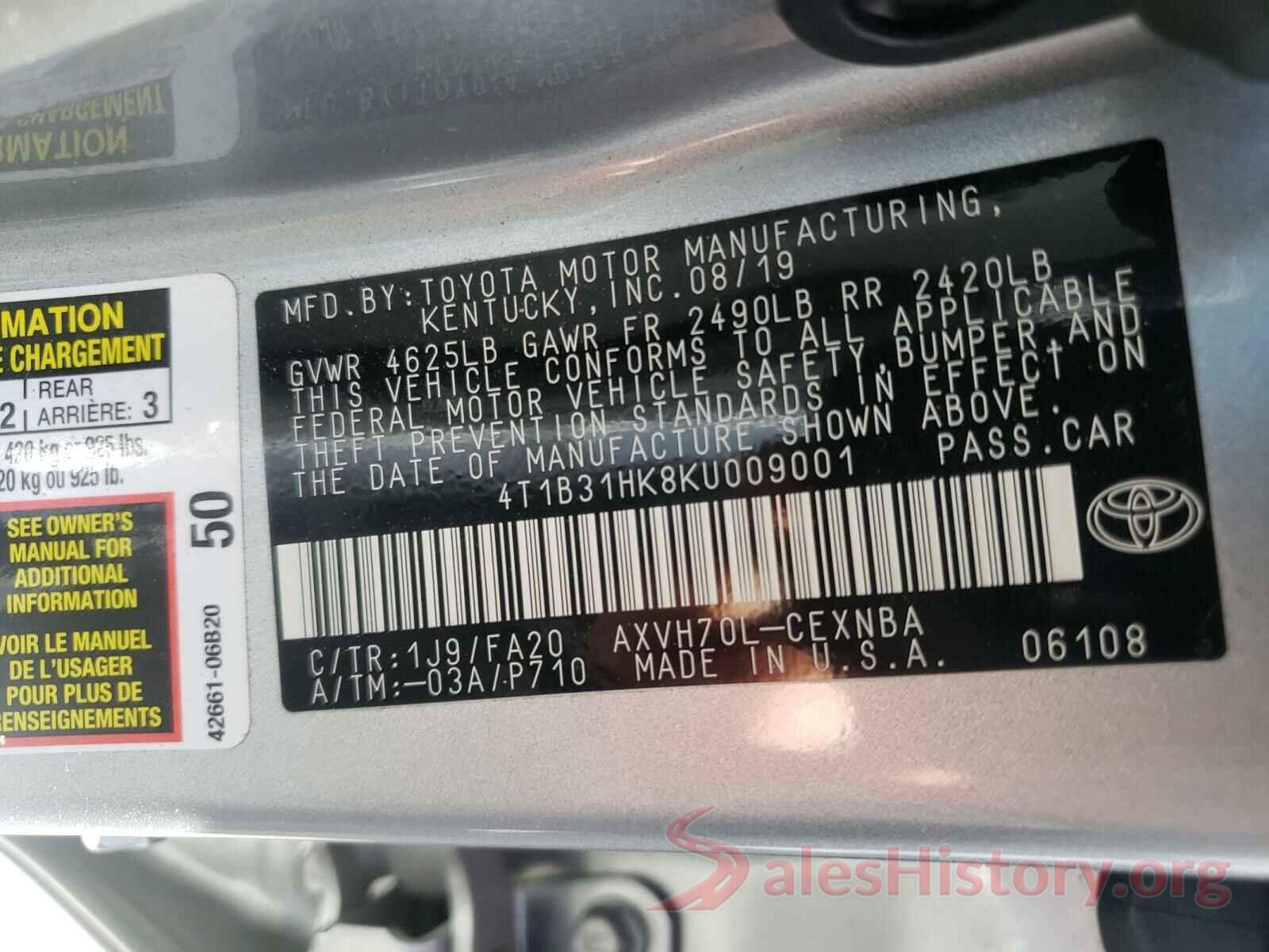 4T1B31HK8KU009001 2019 TOYOTA CAMRY