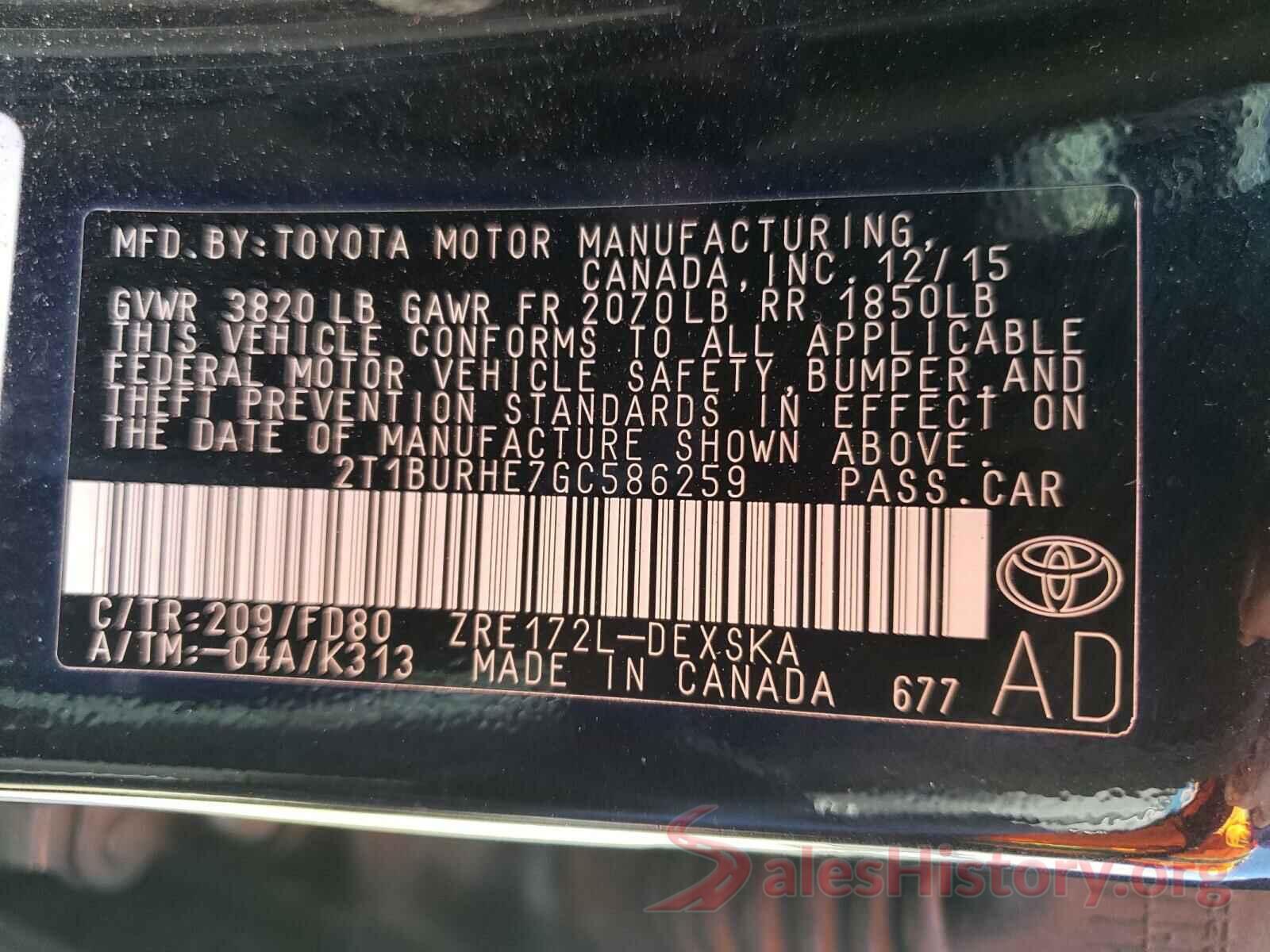 2T1BURHE7GC586259 2016 TOYOTA COROLLA