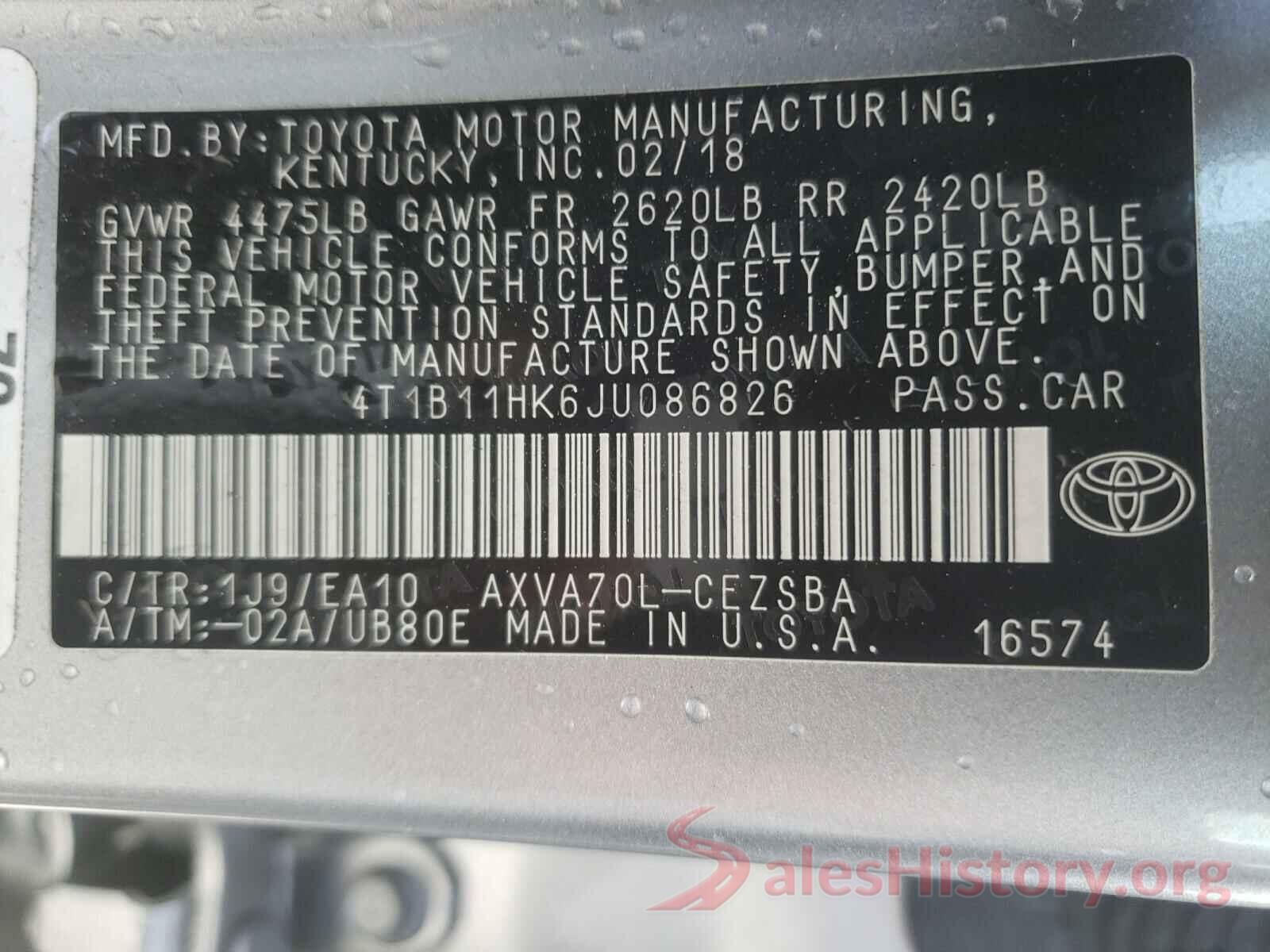 4T1B11HK6JU086826 2018 TOYOTA CAMRY