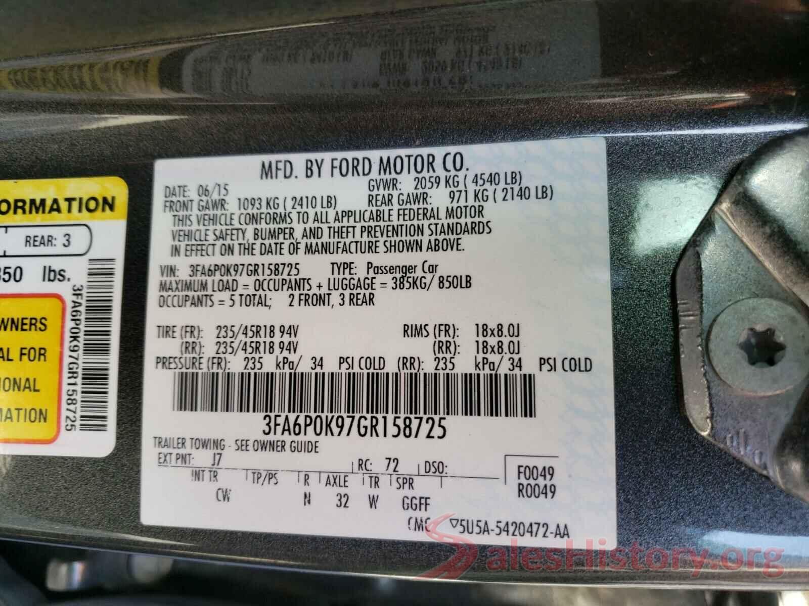 3FA6P0K97GR158725 2016 FORD FUSION