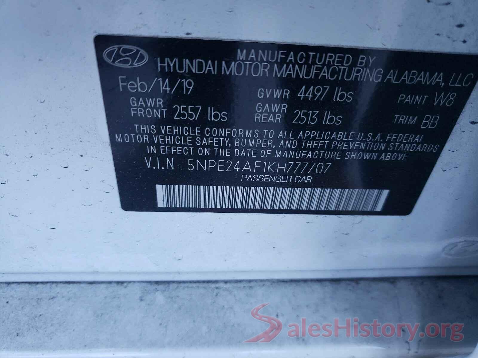 5NPE24AF1KH777707 2019 HYUNDAI SONATA