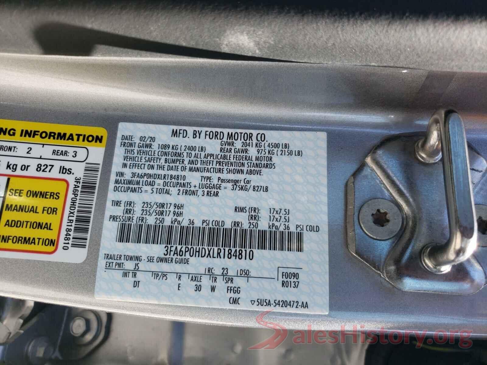 3FA6P0HDXLR184810 2020 FORD FUSION