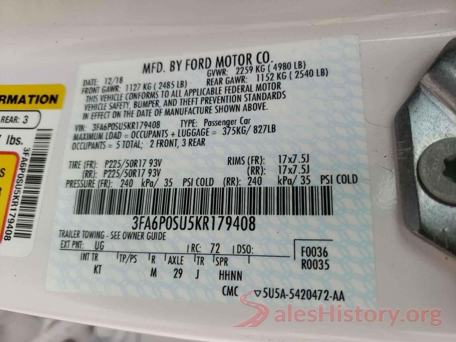 3FA6P0SU5KR179408 2019 FORD FUSION